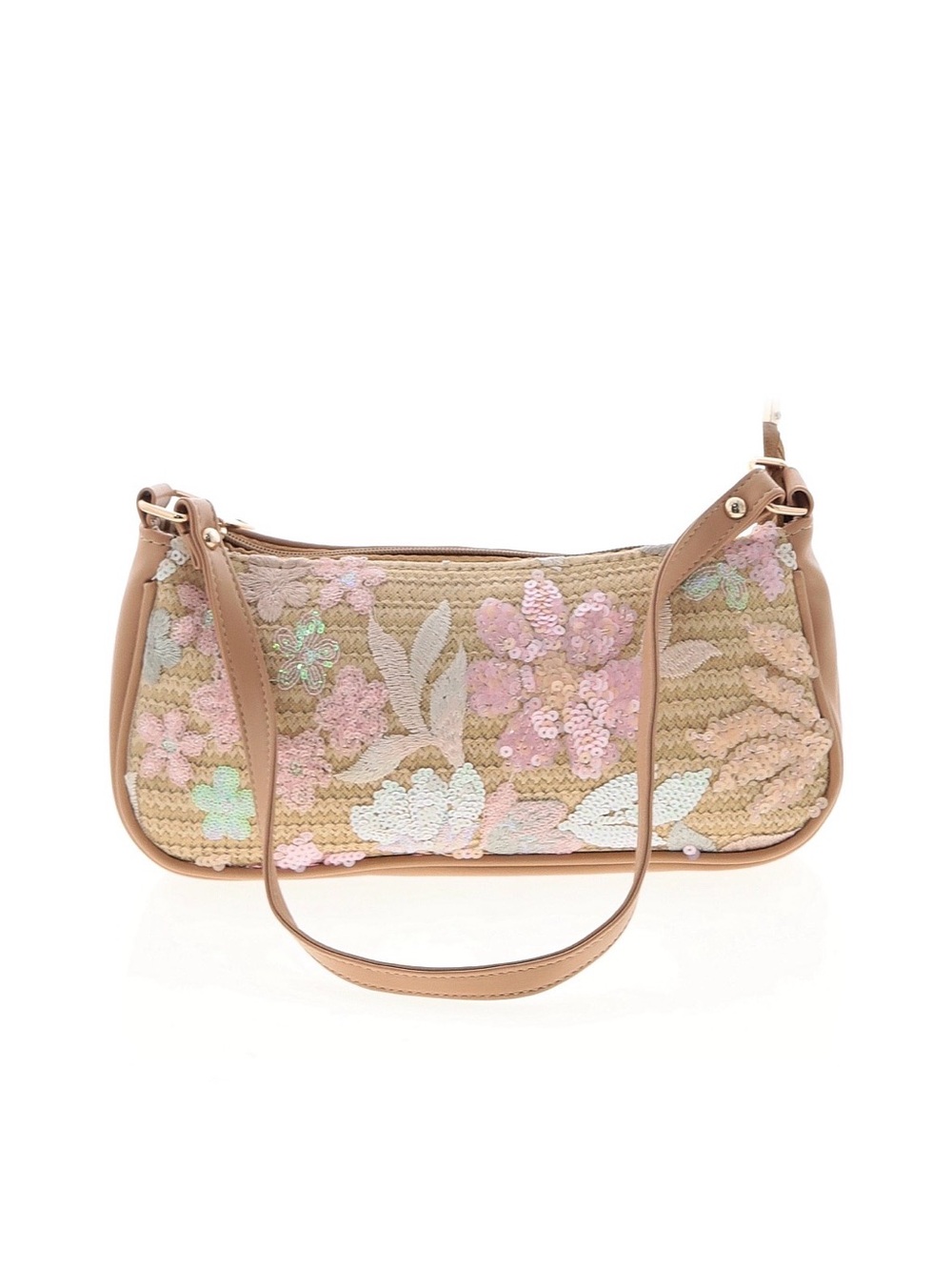 Beige Floral Sequin Shoulder Bag with Pink Accents